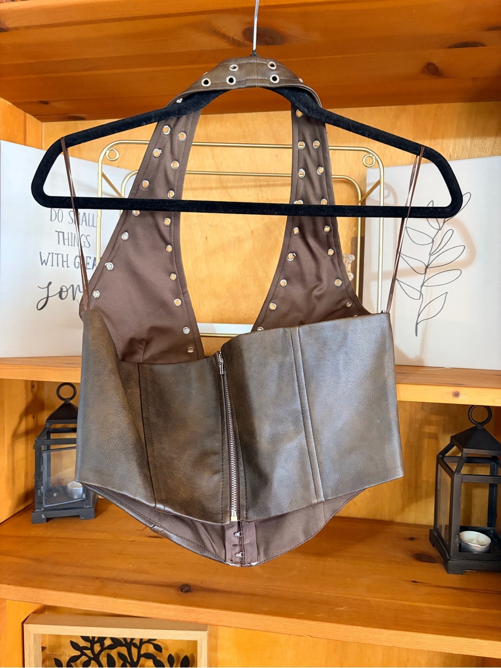 Tic Toc Brown Faux Leather Corset Halter Top Y2K Boho Western Moto Size m - Picture 6 of 6